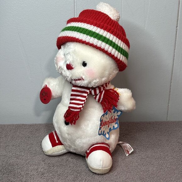 Vintage Russ Berrie SNOWFLAKE Snowman Wearing Hat Scarf 10" stuffed plush - Picture 5 of 11